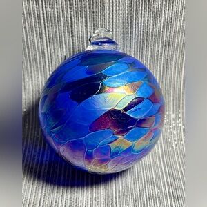Iridescent Blue & Purple Hanging Glass Ball Ornament Hand Blown Art Glass